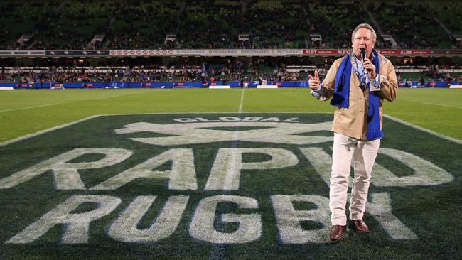 Andrew Forrest addresses the spectators after following a Rapid Rugby match.