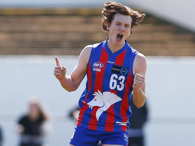 Luke Stacker celebrates a goal for Oakleigh Chargers. Picture Daniel Pockett/AFL Media/Getty Images