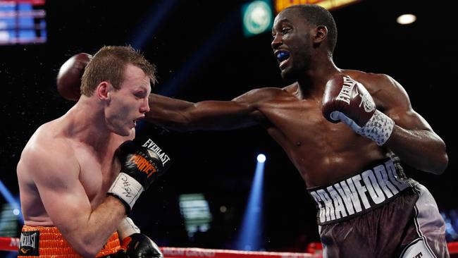 Jeff Horn goes down to Terence Crawford at MGM Grand Garden Arena in Las Vegas. Picture: Steve Marcus/Getty Images/AFP