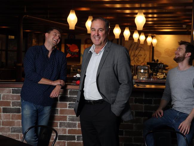 23/05/2019. Developer Arnold Vitocco with his (L-R) national marketing manager Michael Knudsen and NSW area manager Nadar Salomon. Vitocco has gone into partnership with United Cinema Group to revive and expand the Max Brenner coffee and chocolate brand through Asia Pacific. Jane Dempster/The Australian.
