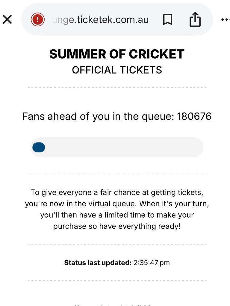 Screenshot showing the length of the virtual queue to purchase Ashes tickets. Picture: Supplied