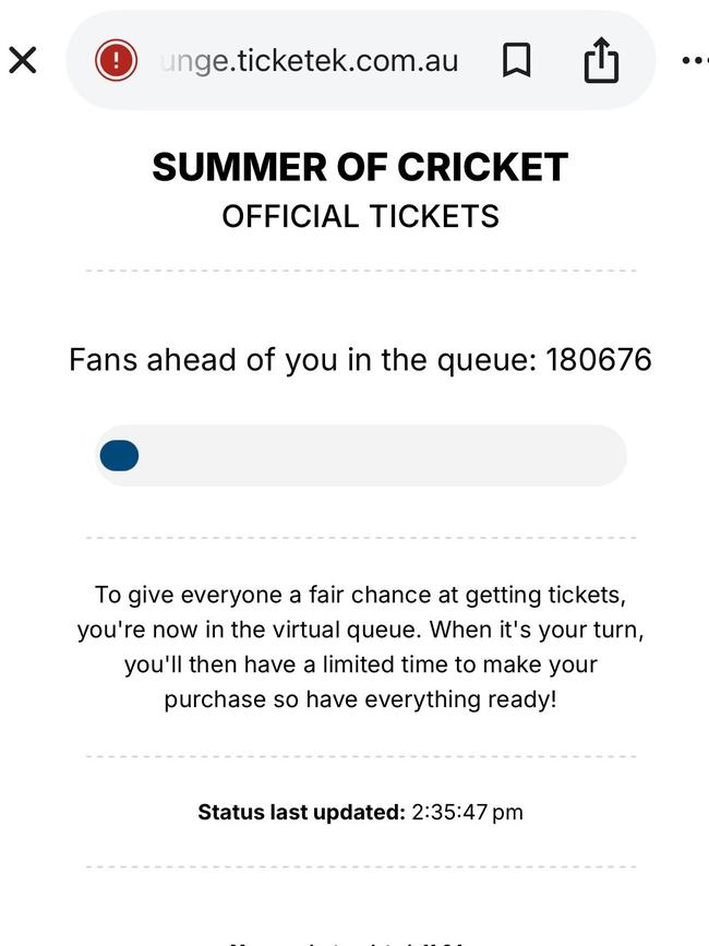 Screenshot showing the length of the virtual queue to purchase Ashes tickets. Picture: Supplied