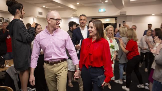 Cressida O'Hanlon with husband James with Premier Peter Malinauskas and his wife Annabel on election night. Picture: Brett Hartwig