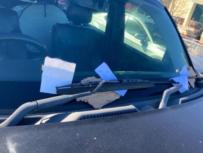 A driver copped seven letters on their car after they parked across four parking spaces. Picture: Facebook / The Bell Tower Times 2.0