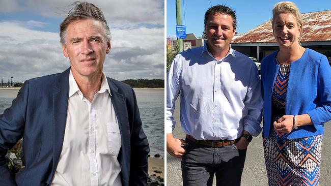 Independent Rob Oakeshott (left) and the Nationals' Patrick Conaghan, pictured with Senator Bridget McKenzie, are battling it out in Cowper.