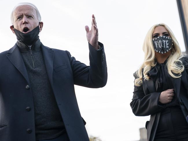 PITTSBURGH, PA - NOVEMBER 02: Democratic presidential nominee Joe Biden and Lady Gaga greet college students at Schenley Park on November 02, 2020 in Pittsburgh, Pennsylvania. One day before the election, Biden is campaigning in Pennsylvania, a key battleground state that President Donald Trump won narrowly in 2016. (Photo by Drew Angerer/Getty Images)