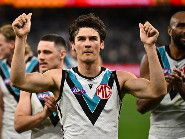 PERTH, AUSTRALIA - AUGUST 25: Connor Rozee of the Power is happy with the win during the 2024 AFL Round 24 match between the Fremantle Dockers and the Port Adelaide Power at Optus Stadium on August 25, 2024 in Perth, Australia. (Photo by Daniel Carson/AFL Photos via Getty Images)