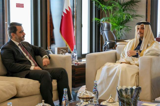 Asaad al-Shaibani (L), foreign minister for the interim Syrian government, met with Qatar's Prime Minister and Minister of Foreign Affairs Mohammed bin Abdulrahman bin Jassim Al-Thani in Doha