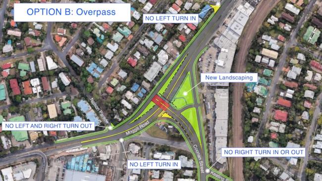 Option B – overpass. Brisbane City Council this morning revealed its preferred option for upgrading Indooroopilly roundabout, but has refined the design shown above.