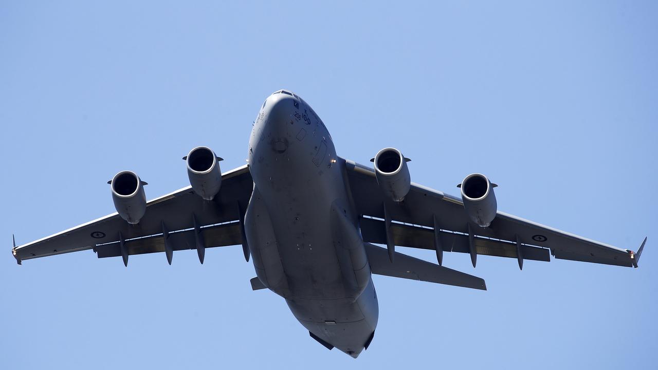 RAAF C-17 Globemaster pictured flying over Brisbane (from the Emporium Hotel) in preparation for its Riverfire Festival display this Saturday. Image/Josh Woning