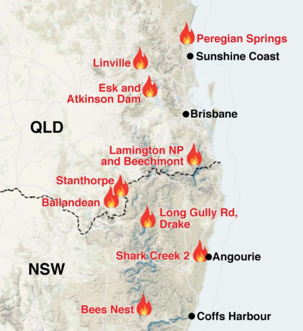 QLD bushfires: Map reveals worst hit places  Are there fires near you 