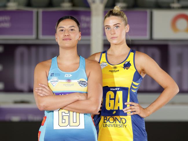 HOLD UNTIL APRIL 30 2023 Sapphire Series netball team captains L to R, Bryah Gafa from Titans, Hannah Le Sage from Bull Sharks, the Sapphire Series club, as the season starts later this month, Nissan Arena, Nathan, Friday 12th November 2021 – Photo Steve Pohlner