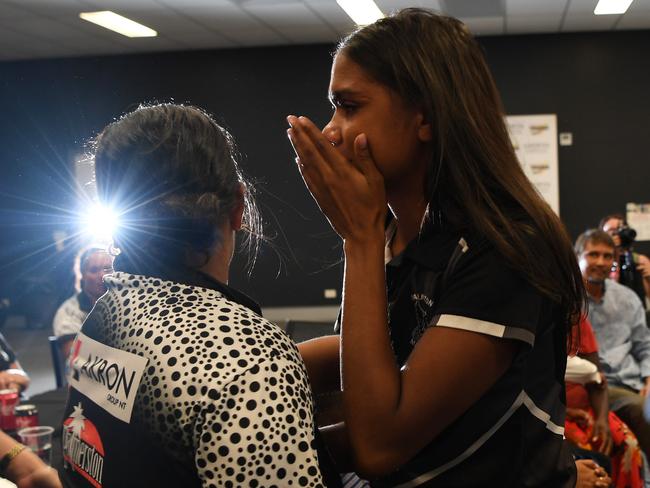 Palmerston’s Janet Baird reacts after getting picked at No.54 by the Gold Coast Suns in the 2020 AFLW Draft on Tuesday night. Picture Katrina Bridgeford.