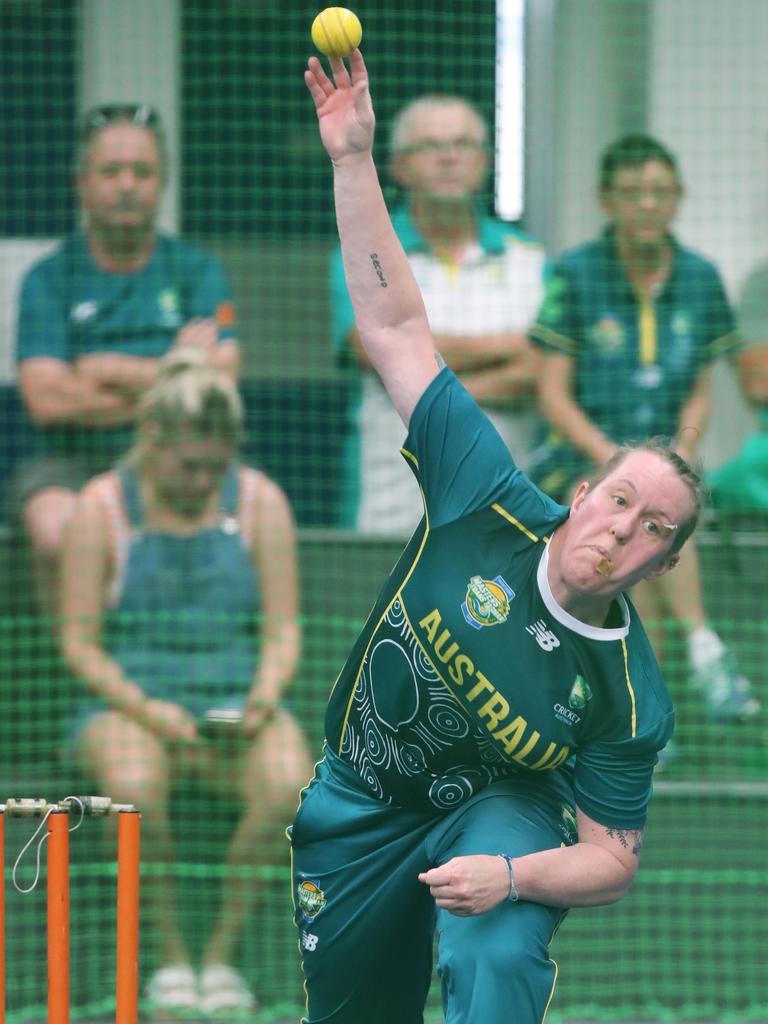 The Trans Tasman trophy for indoor cricket is being played on the Gold Coast at Ashmore. Australia v New Zealand Womens 30s . Aussie Annie Davis bowling.. Picture Glenn Hampson