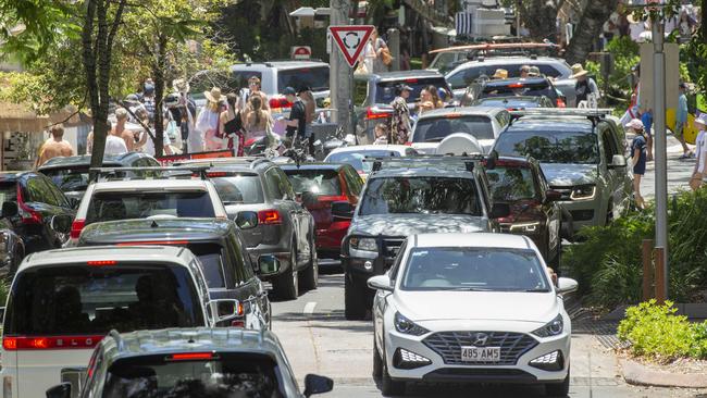 Holiday traffic jam on Hastings street in Noosa as crowds pack in to the popular tourist town. Photo Lachie Millard