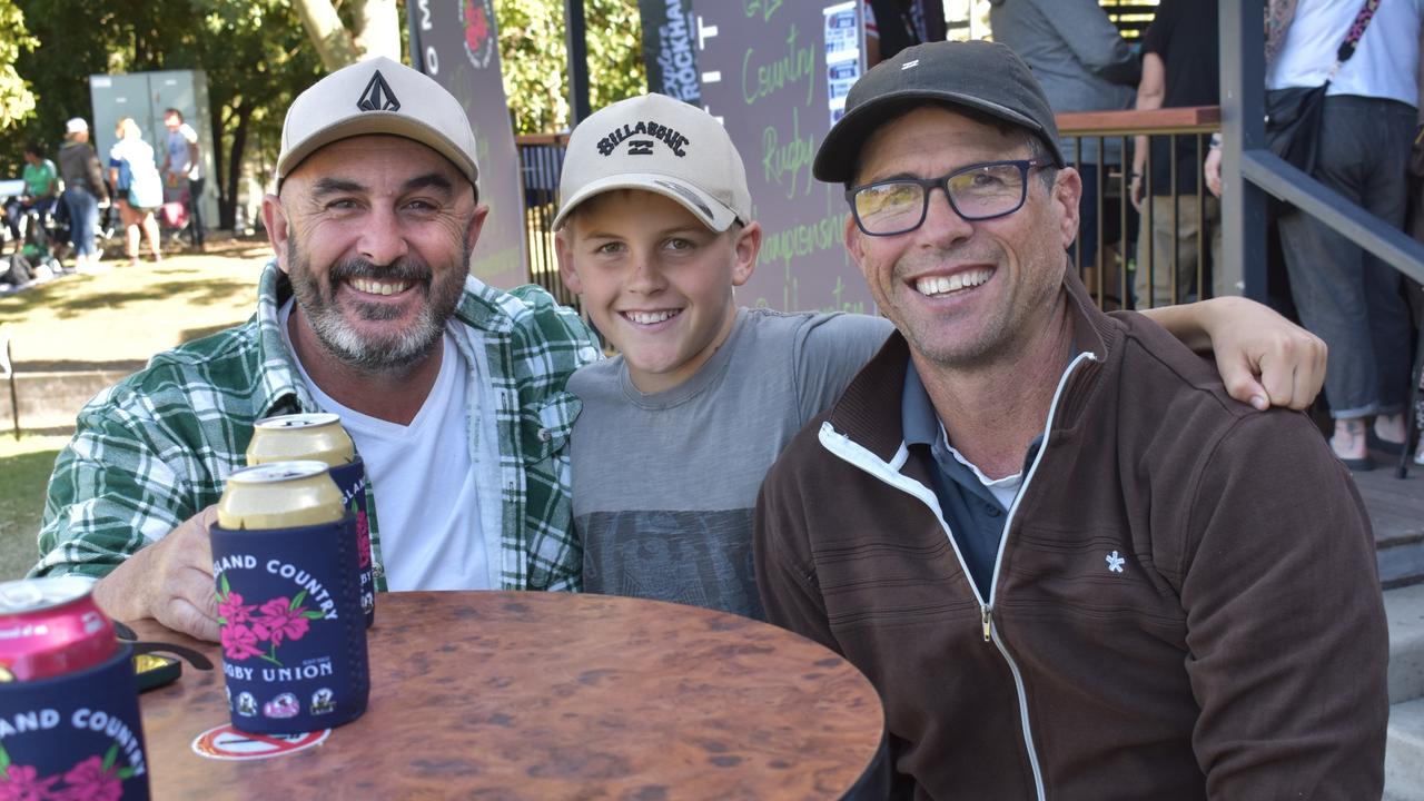 The Gold Coast's Dan Stephenson and Jackson and Matt Wildman at the Queensland Country Rugby Union Championships in Rockhampton, July 1, 2023.