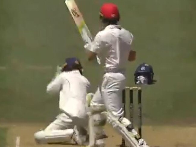 Sam Harper gets clobbered by Jake Lehmann’s bat.