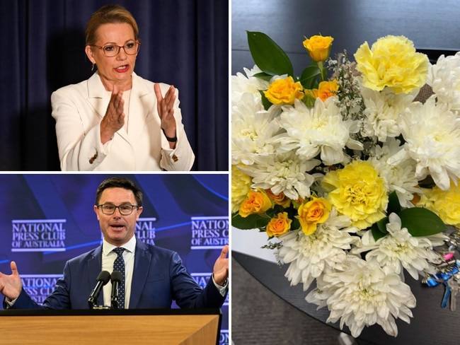 Clockwise from below left: Nationals leader David Littleproud, Opposition leader Sussan Ley and the mystery bunch of flowers.