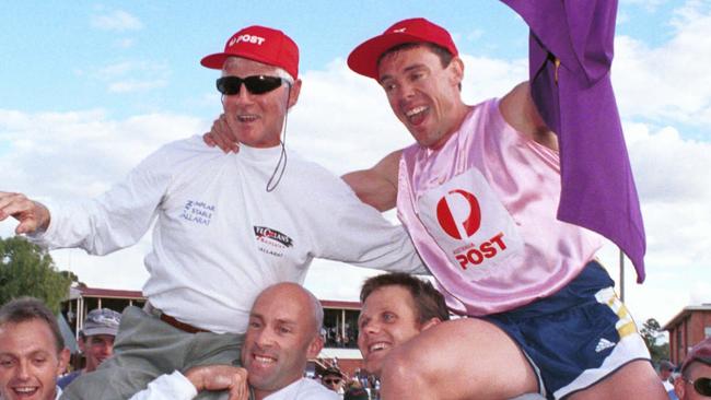 Ballarat trainer Len Templar and Rodney Matthews after winning the Stawell Gift. Picture: Colin Murty.