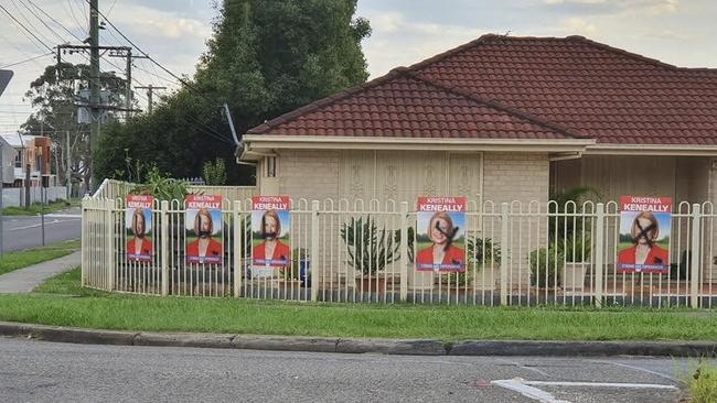 Kristina Keneally election campaign posters have been defaced with the word 'BULLY' in Sydney's west. Picture: Supplied