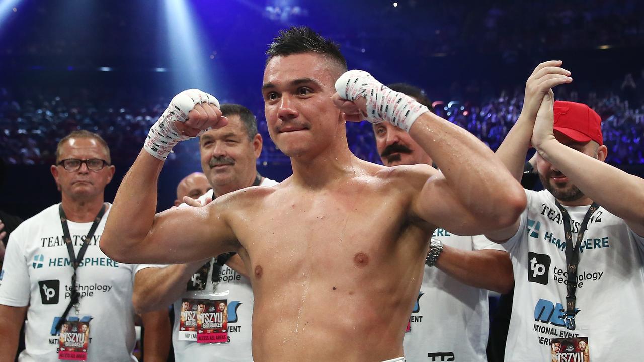 Tim Tszyu celebrates victory over Jack Brubaker during their IBF Australasian super welterweight title fight at International Convention Centre in Sydney, Friday, December 6, 2019. (AAP Image/Brendon Thorne) NO ARCHIVING, EDITORIAL USE ONLY