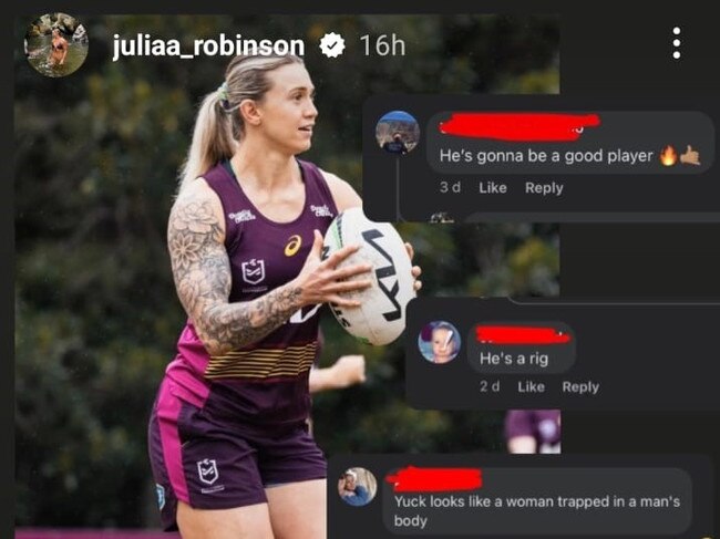 Julia Robinson, Broncos player has attracted comments  on a photo in a Broncos Facebook page - photo Supplied Facebook