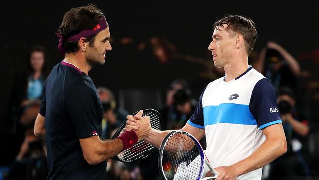 Roger Federer and John Millman faced off again at this year’s Australian Open in Melbourne, with Federer winning. Picture: Mark Stewart