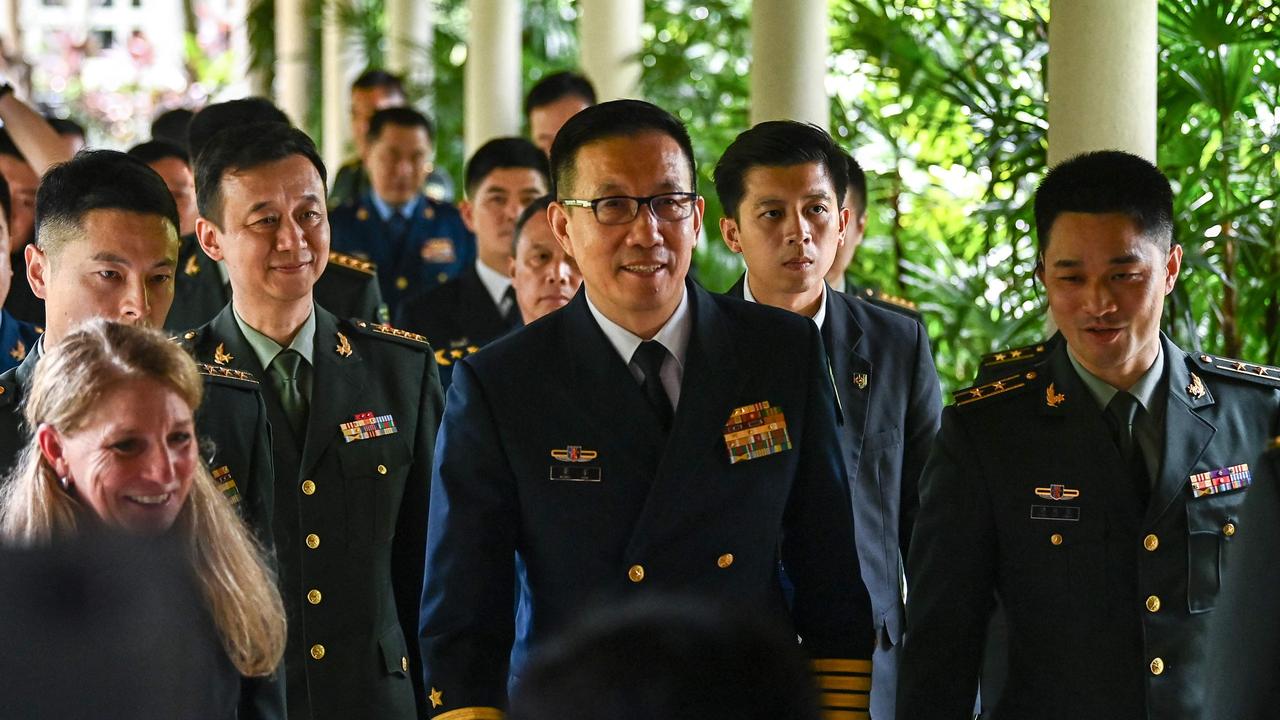 China's Defence Minister Dong Jun spoke to Richard Marles on the sidelines of the Shangri-La Dialogue summit in Singapore. Picture: AFP / Nhac Nguyen.
