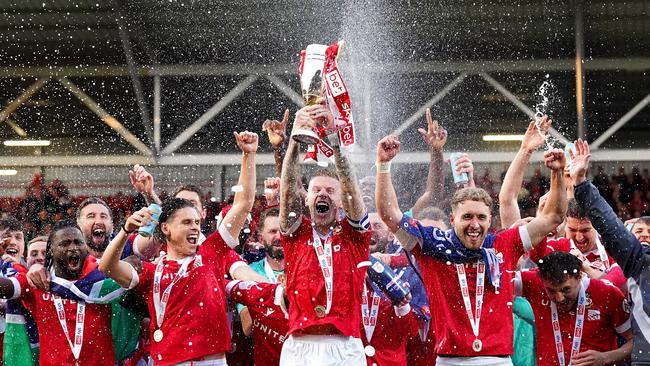 Wrexham celebrate their promotion to the Championship after beating Charlton Athletic at the weekend. Picture: Getty Images