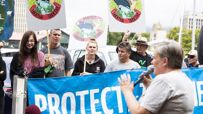 Jenny Weber from The Bob Brown foundation speaking at a Tarkine protest. Picture: RICHARD JUPE