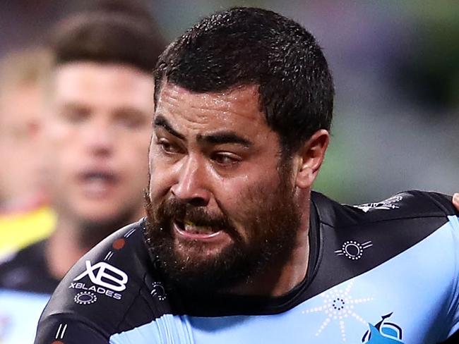 CANBERRA, AUSTRALIAN CAPITAL TERRITORY - MAY 13:  Andrew Fifita of the Sharks runs the ball during the round 10 NRL match between the Canberra Raiders and the Cronulla Sharks at GIO Stadium on May 13, 2018 in Canberra, Australia.  (Photo by Mark Kolbe/Getty Images)