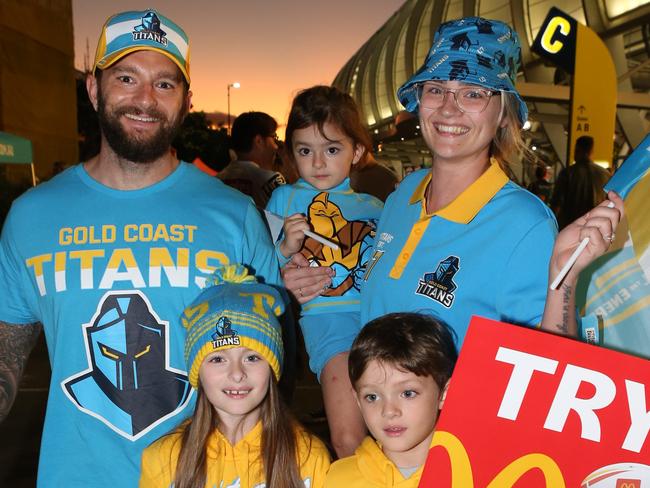 Social pics of fans turning up at CBUS Stadium for the Gold Coast Titans v Broncos Match.Mr And Mrs Dylan and Teagan Chambers with there children Pepper 3, Hazel 7 and Linkin 5.Pic Mike Batterham