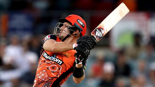 CANBERRA, AUSTRALIA - FEBRUARY 04: Liam Livingstone of the Scorchers bats during the Big Bash League match between the Perth Scorchers and the Brisbane Heat at Manuka Oval, on February 04, 2021, in Canberra, Australia. (Photo by Brendon Thorne/Getty Images)