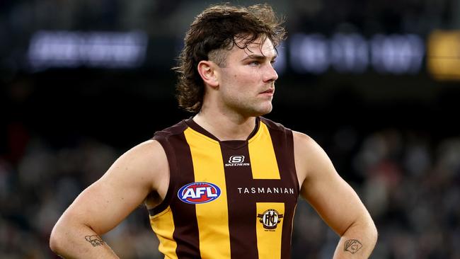 MELBOURNE, AUSTRALIA - MAY 30: Nick Watson of the Hawks looks dejected after losing the round 12 AFL match between Collingwood Magpies and Hawthorn Hawks at Melbourne Cricket Ground, on May 30, 2025, in Melbourne, Australia. (Photo by Josh Chadwick/AFL Photos/via Getty Images)