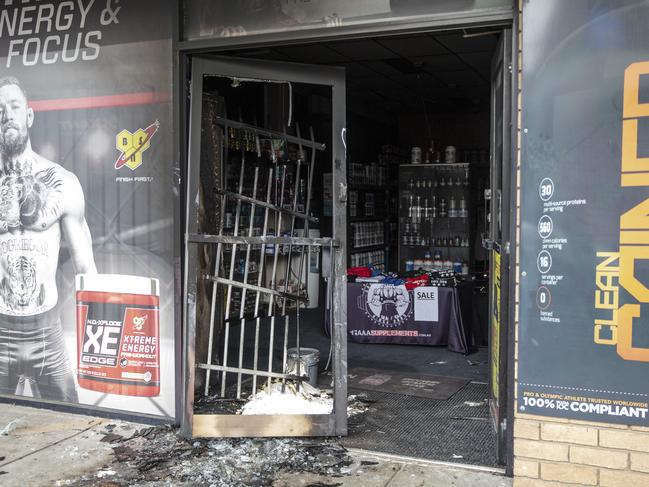 AAA Supplements in Frankston front door was fire bombed last night it is believed connected to fire at Finks Club house last night. Picture: Sarah Matray