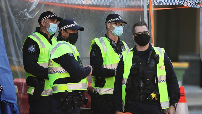 Police at the border at Griffith Street in Coolangatta. Picture: Nigel Hallett.