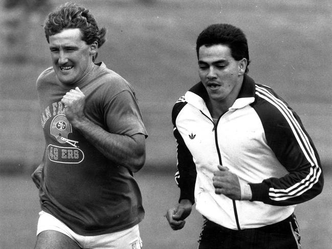 Footscray's Doug Hawkins and Michael McLean pictured at training in 1991