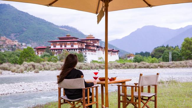 Sunset martini experience at Six Senses Punakha includes Bhutan wheat vodka with pomegranate and house-made orange liqueur.