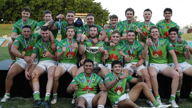 The Canberra Raiders SG Ball Cup team celebrate the 2021 premiership. Picture: Bryden Sharp