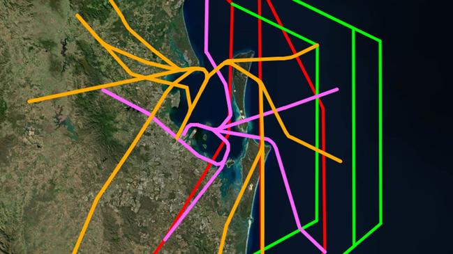 Airservices has drawn up new flight paths for Brisbane (in green) sending some aircraft further out to sea in an effort to reduce noise over residential areas.