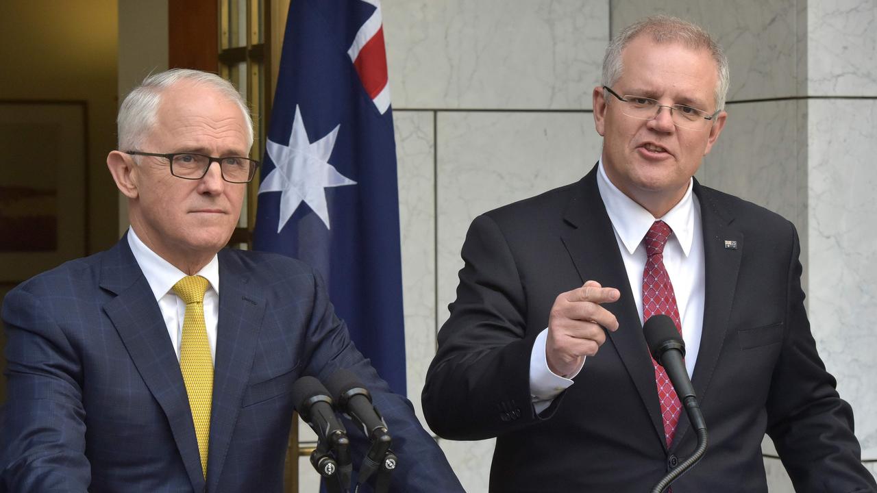 Scott Morrison (right) speaking beside Prime Minister Malcolm Turnbull. Picture: Mark Graham/AFP