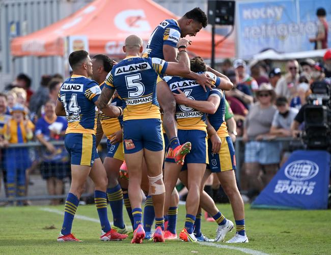 Parramatta Eels celebrate during their win over the Knights. Picture: NRL Photos