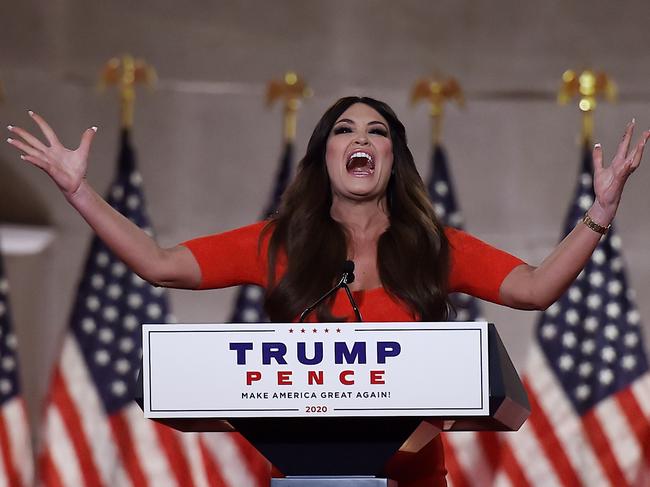 Kimberly Guilfoyle, the girlfriend of Donald Trump Jr, addresses viewers. Picture: AFP