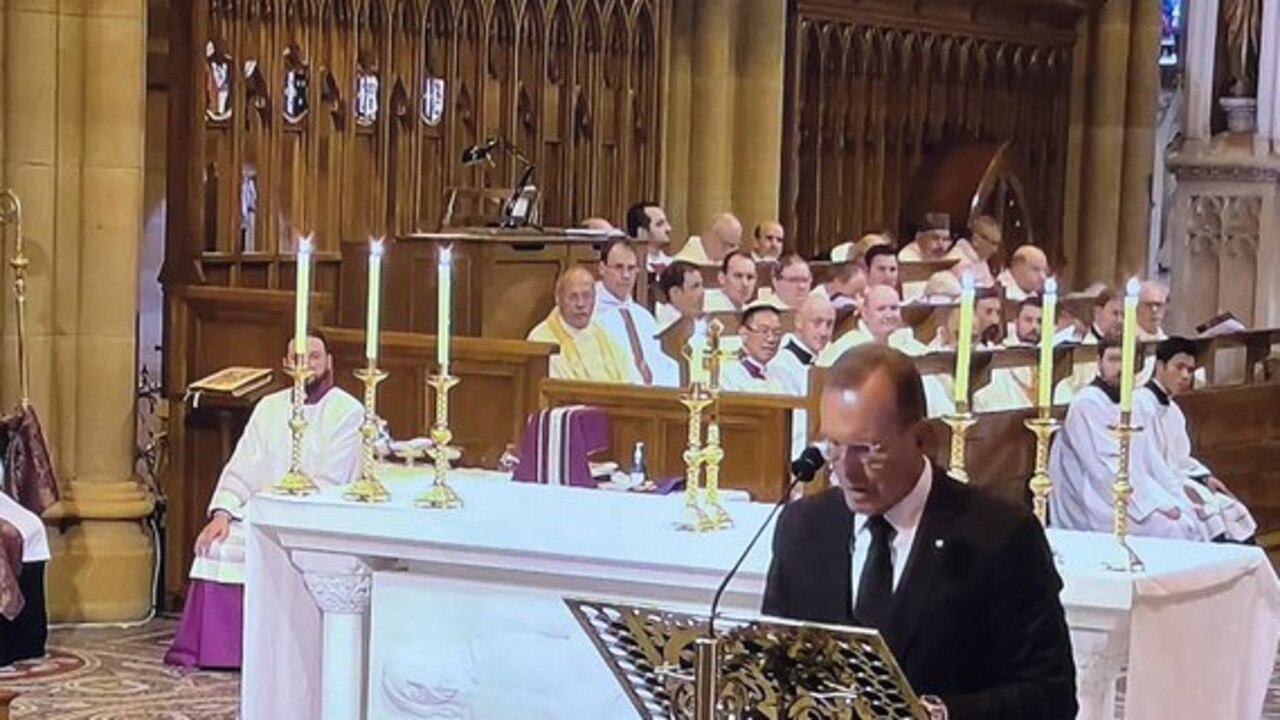 Former prime minister Tony Abbott gives a eulogy at George Pell's funeral. Picture: Supplied