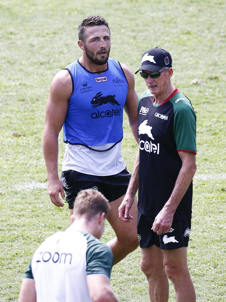 South Sydney Rabbitohs player, Sam Burgess pictured with coach Wayne Bennett, at a training session at Redfern Oval after splitting with wife Phoebe Burgess. Picture: Dylan Robinson