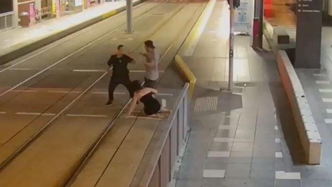 CCTV footage showing a brawl on Surfers Paradise tram tracks involving restaurant worker Antonio Gatt.