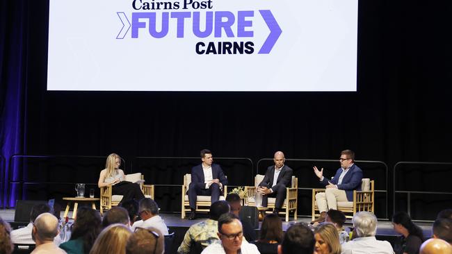 Cairns Post editor Jennifer Spilsbury, director and co-founder of The Demographics Group Simon Kuestenmacher, Cairns Airport CEO Richard Barker and director of planning, growth and sustainability at Cairns Regional Council Ed Johnson on the discussion panel at the Cairns Post's Future Cairns event, held at the Cairns Convention Centre. Picture: Brendan Radke