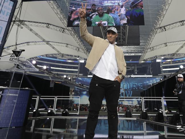 Australian rugby player Jordan Mailata appears onstage after being selected by the Philadelphia Eagles in the 7th round of the NFL Draft, Saturday, April 28, 2018 in Arlington, Texas. (Doug Benc/AP Images)