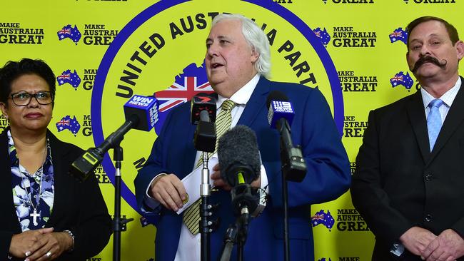 United Australia Party Yodie Batzke, Clive Palmer, Martin Brewster. Picture: Shae Beplate.