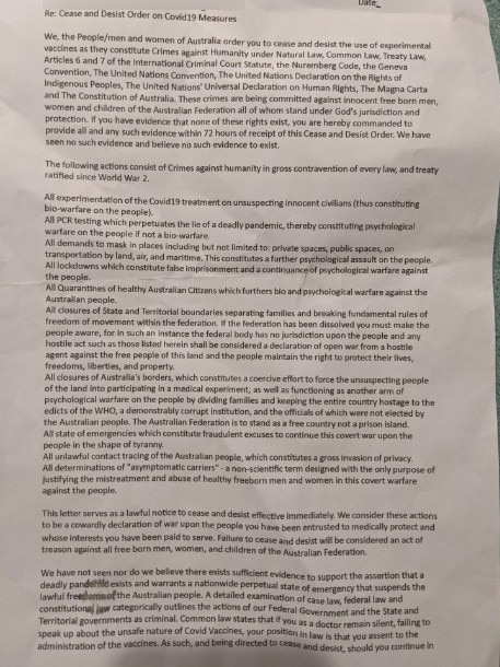 Threats and lies: an anti-vaxxer 'cease and desist' letter. Picture: Supplied